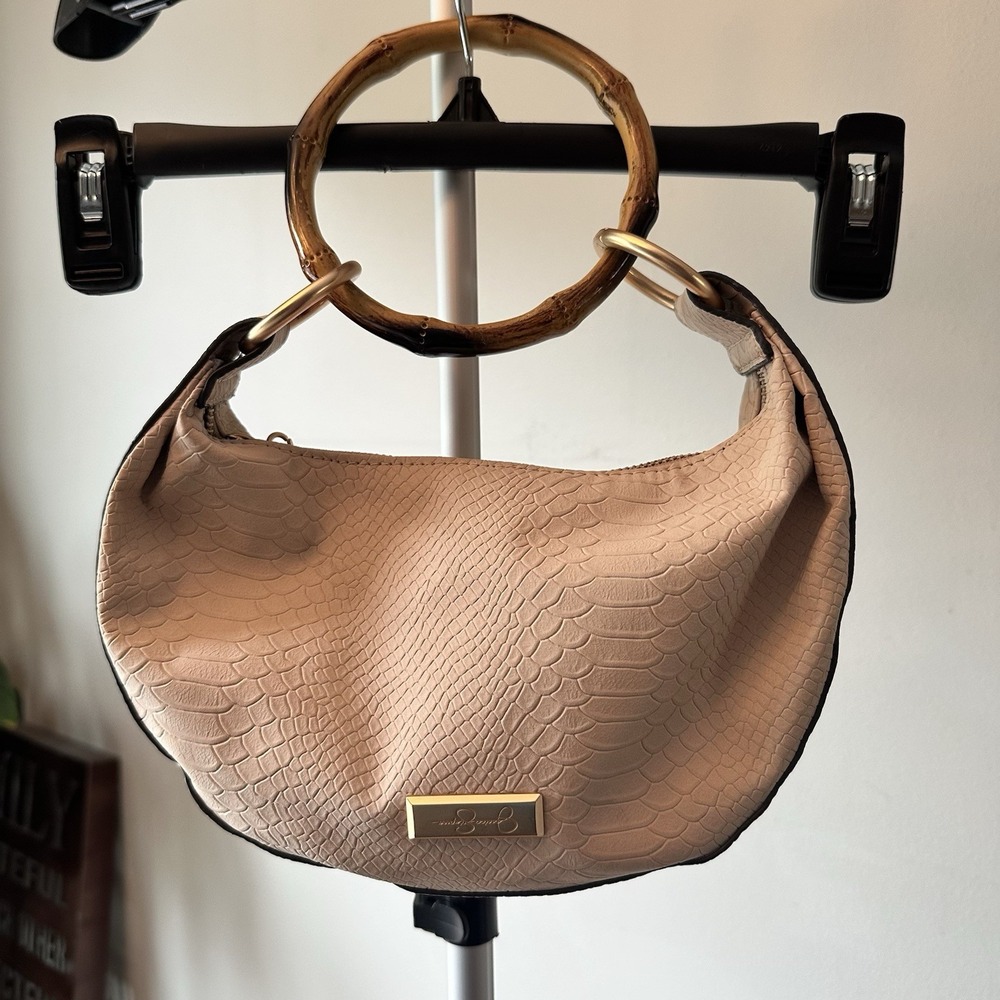 Jessica Simpson Hobo Bag Beige Snakeskin Bamboo Ring Handle Y2K Boho Handbag